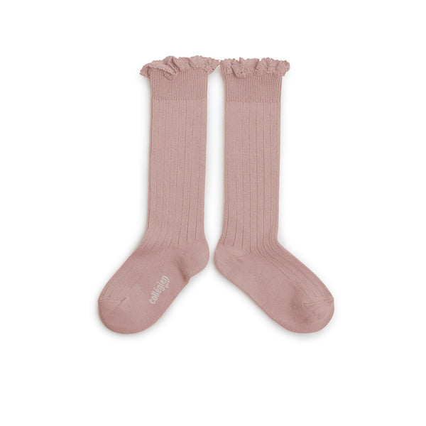 Josephine - Lace Trim Ribbed Knee-high Socks - 331 Vieux Rose