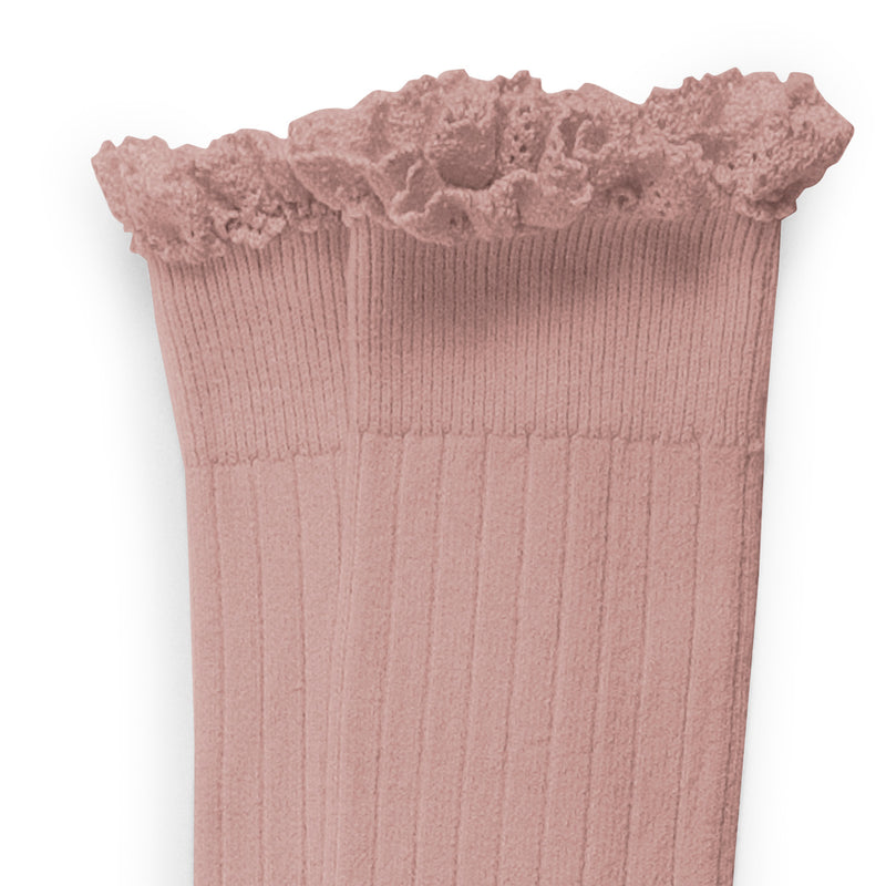 Josephine - Lace Trim Ribbed Knee-high Socks - 331 Vieux Rose