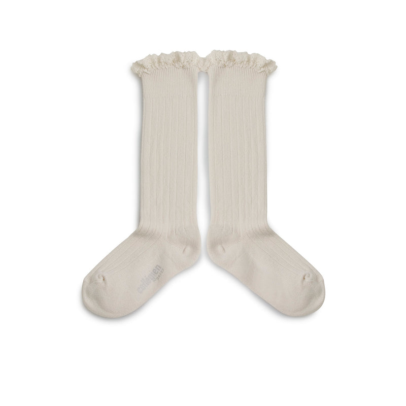 Josephine - Lace Trim Ribbed Knee-high Socks - 908 Bianco Neige