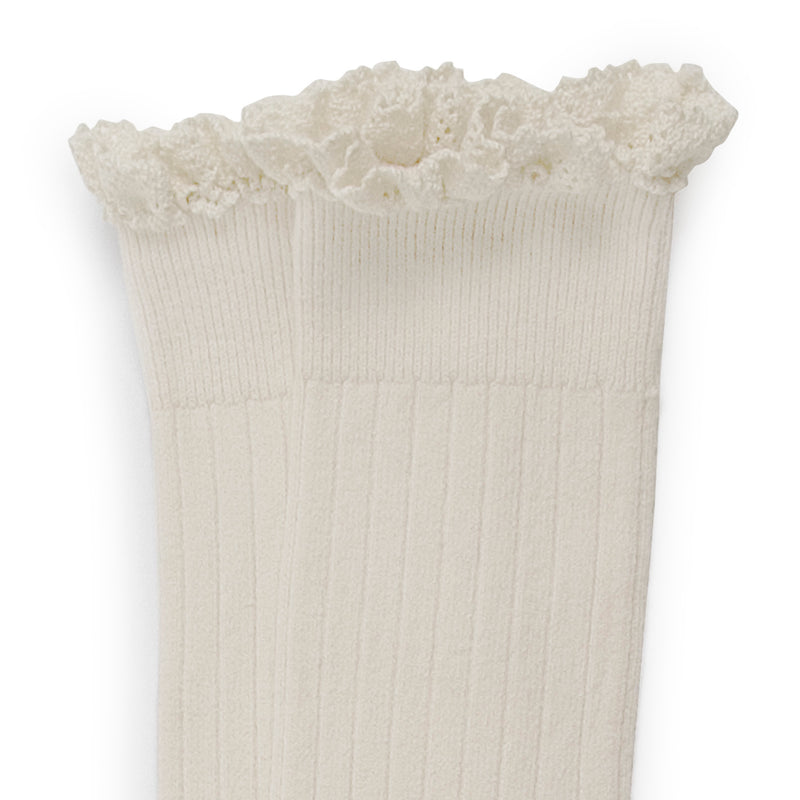 Josephine - Lace Trim Ribbed Knee-high Socks - 908 Bianco Neige