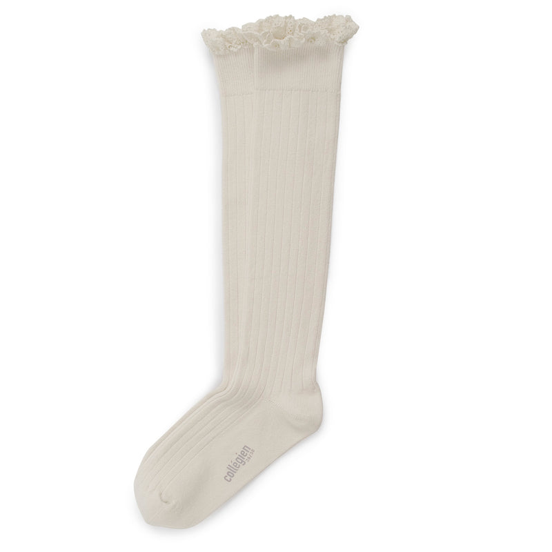 Josephine - Lace Trim Ribbed Knee-high Socks - 908 Bianco Neige