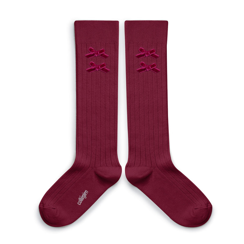 Hortense -  Ribbed Knee-high Socks with Velvet Bows - Bordeaux Grand Cru