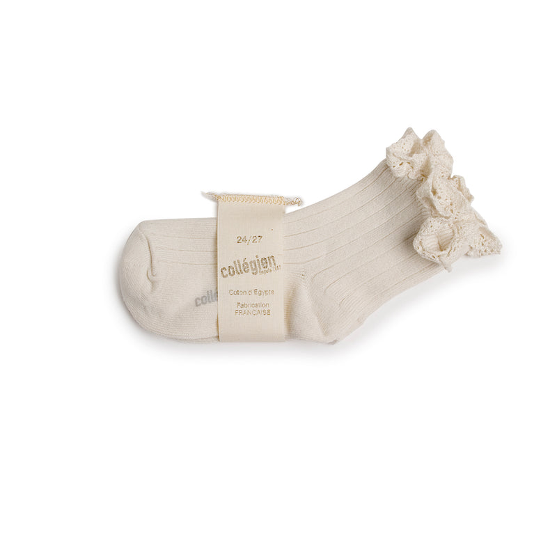 Lili - Lace Trim Ribbed Ankle Socks - 037 Doux Agneaux