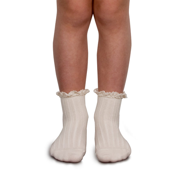 Lili - Lace Trim Ribbed Ankle Socks - 037 Doux Agneaux