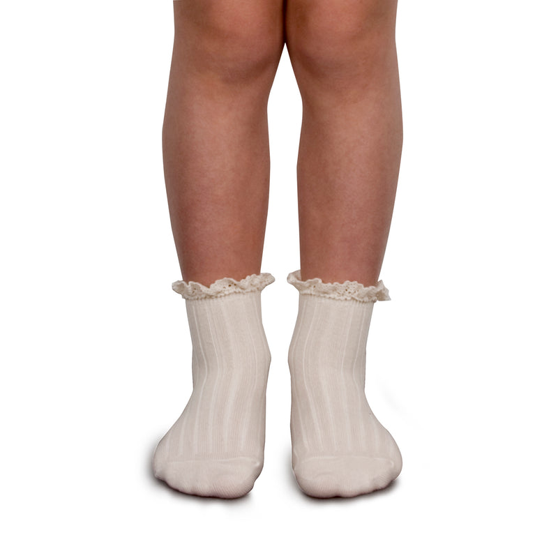 Lili - Lace Trim Ribbed Ankle Socks - 037 Doux Agneaux