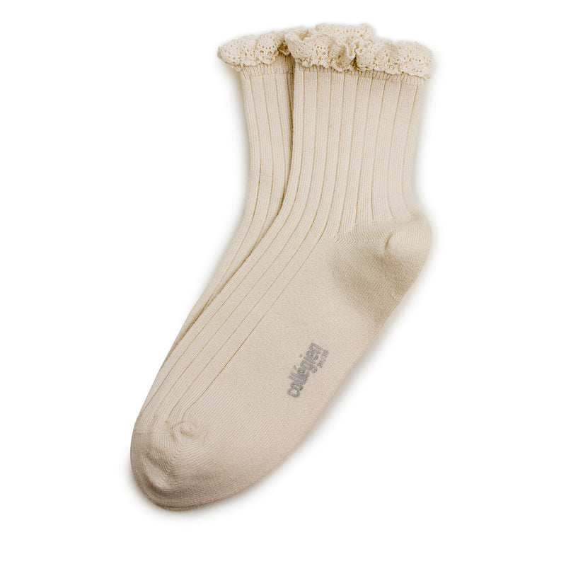 Lili - Lace Trim Ribbed Ankle Socks - 037 Doux Agneaux