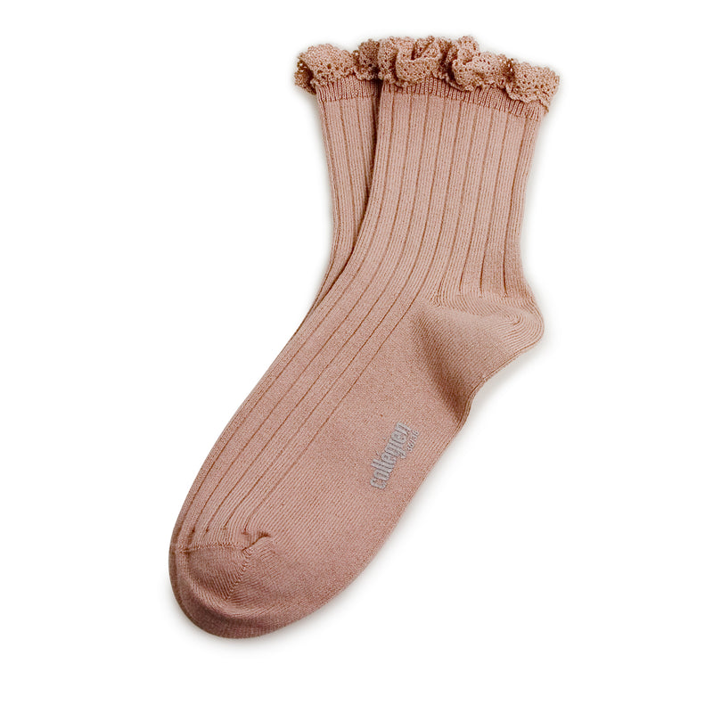 Lili - Lace Trim Ribbed Ankle Socks - 331 Vieux Rose