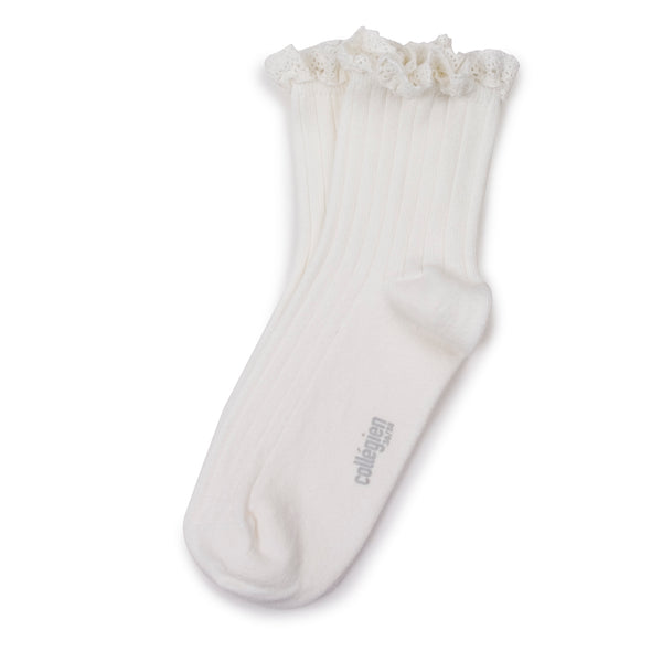 Lili - Lace Trim Ribbed Ankle Socks - 908 Bianco Neige