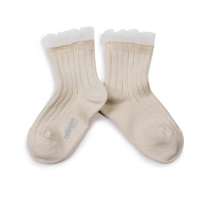 Margaux - Tulle Frill Ribbed Ankle Socks -037 Doux Agneaux