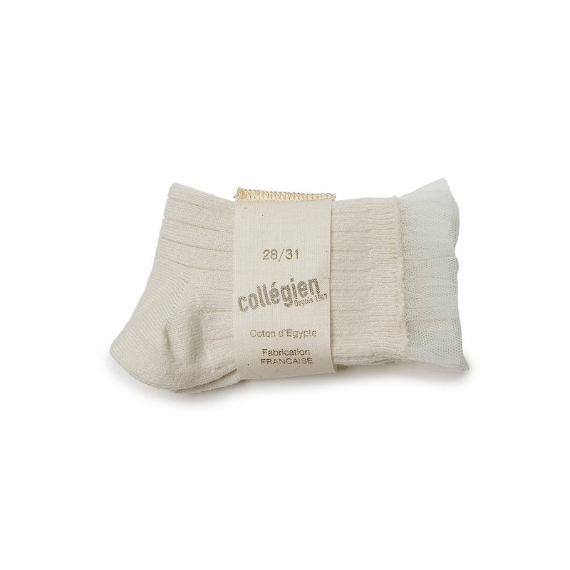 Margaux - Tulle Frill Ribbed Ankle Socks -037 Doux Agneaux