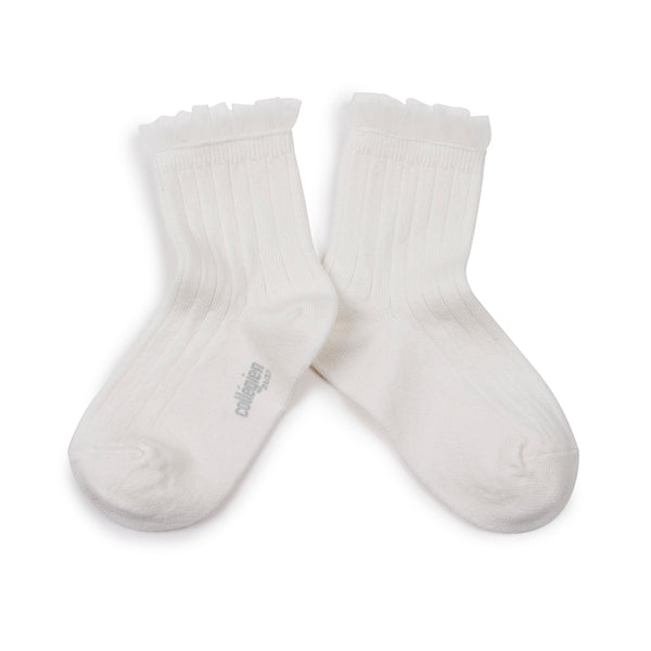 Margaux - Tulle Frill Ribbed Ankle Socks - 908 Bianco Neige