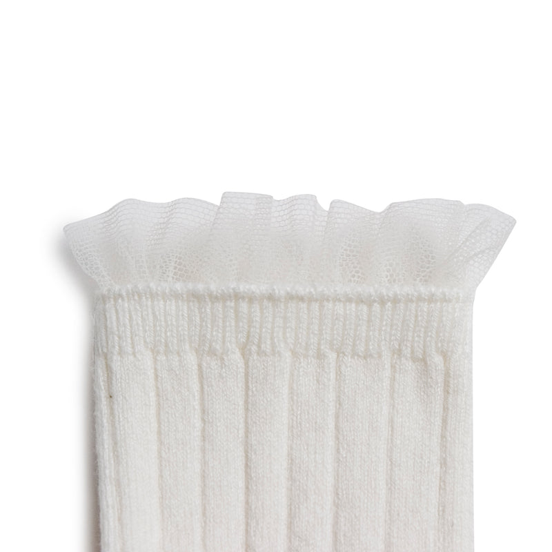 Margaux - Tulle Frill Ribbed Ankle Socks - 908 Bianco Neige