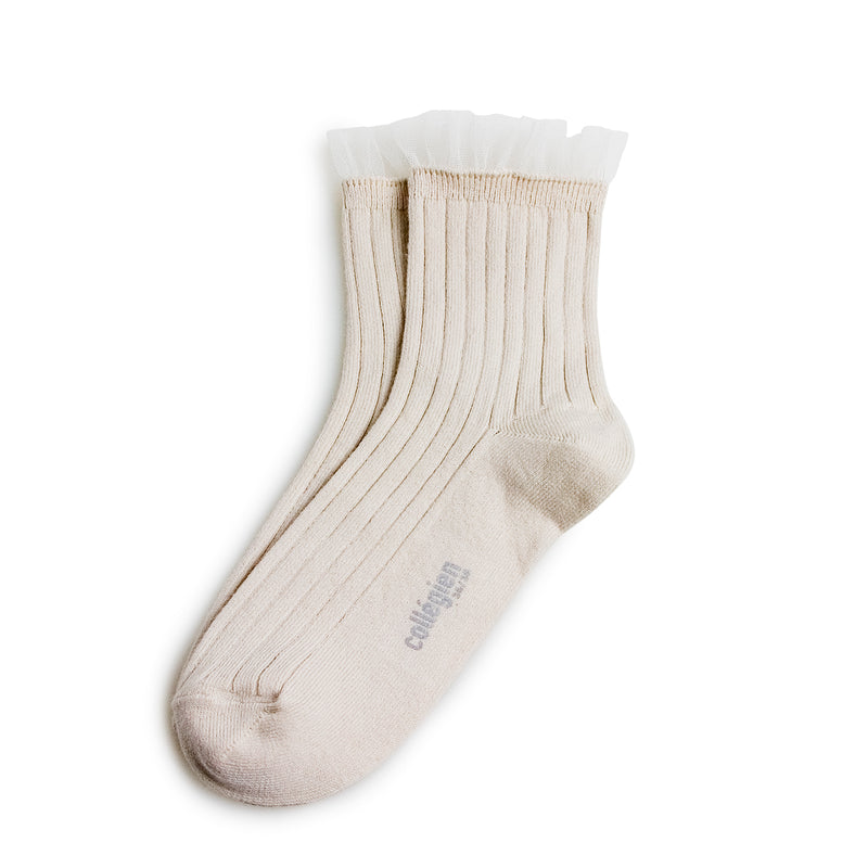 Margaux - Tulle Frill Ribbed Ankle Socks -037 Doux Agneaux