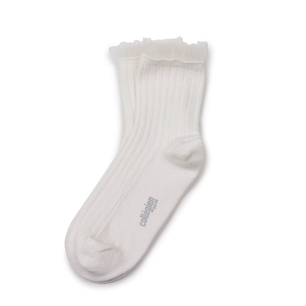 Margaux - Tulle Frill Ribbed Ankle Socks - 908 Bianco Neige