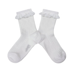 Pauline - Lightweight Ribbed Socks w Broderie Anglaise - 908 Blanc Neige