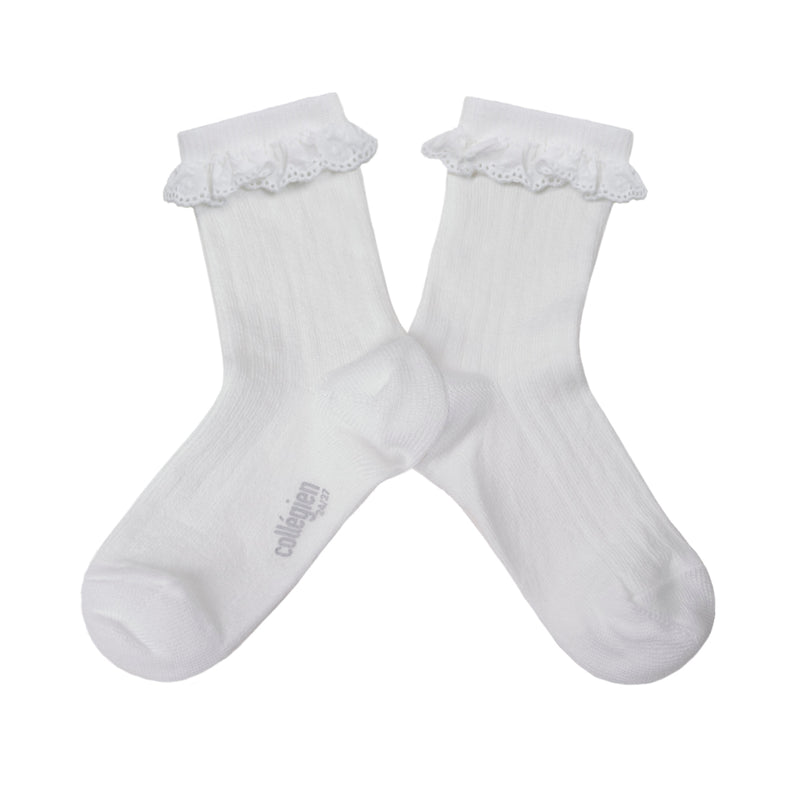 Pauline - Lightweight Ribbed Socks w Broderie Anglaise - 908 Blanc Neige