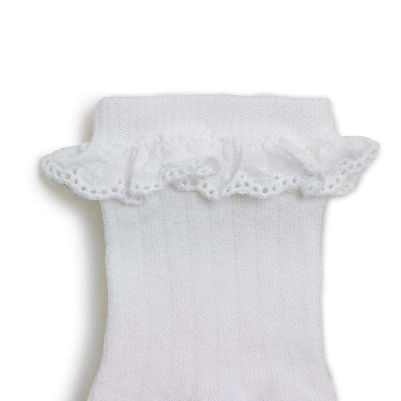 Pauline - Lightweight Ribbed Socks w Broderie Anglaise - 908 Blanc Neige