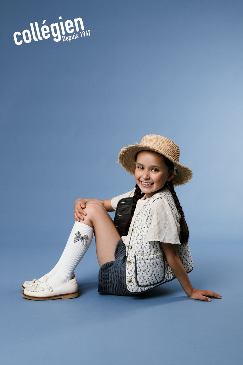 Marinette - Ribbed Knee-high socks w Striped Bow - 908 Bianco Neige