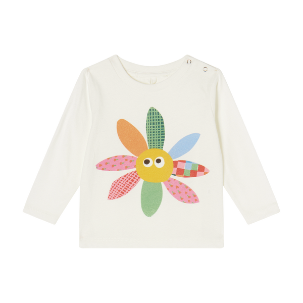 BABY GIRL LS TEE WITH DAISY FACE PRINT AND PATCHES - 101 WHITE