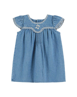 CHERRIES EMBROIDERED BABY DRESS - DENIM LIGHT