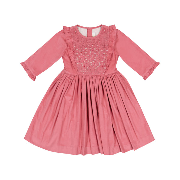 ANGELE PINK CORDUROY FRILLS SMOCKED DRESS