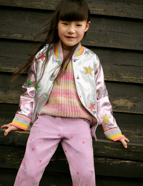 GIRL PLEATHER JACKET WITH GLITTERY PATCHES - 925MC SILVER