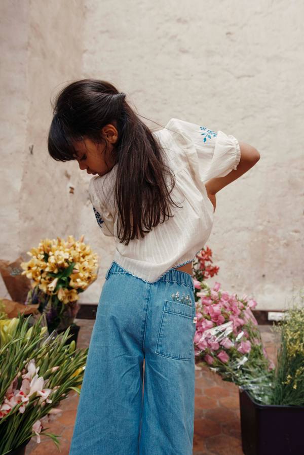 EMBROIDERED POCKET WIDE TROUSERS - DENIM