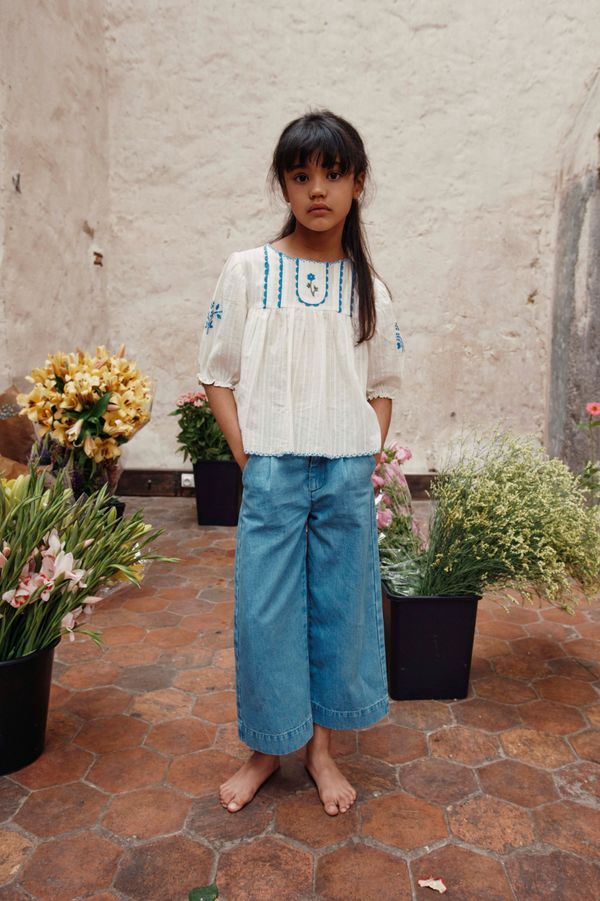 EMBROIDERED POCKET WIDE TROUSERS - DENIM