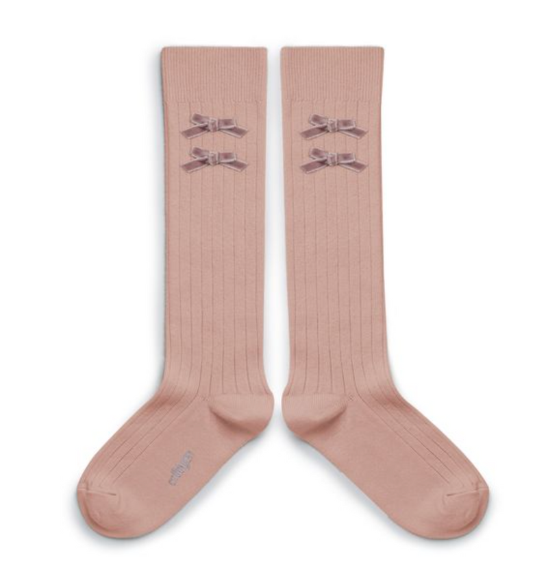 Hortense -  Ribbed Knee-high Socks with Velvet Bows - Vieux Rose