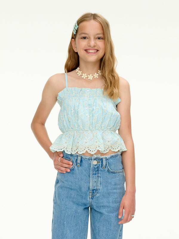 Broderie anglaise top - washed sea