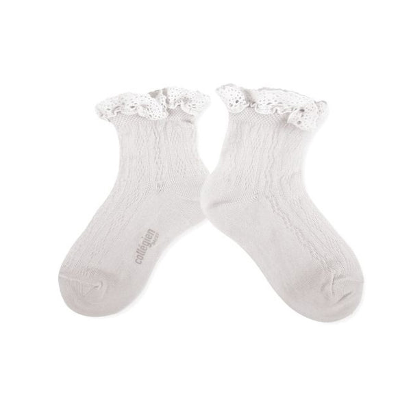 Annette - Lightweight Pointelle Socks with Lace Frill - 908 - Blanc Neige