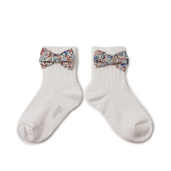 Béatrice - Ribbed Ankle Socks with Liberty Bow - 908 - Blanc Neige